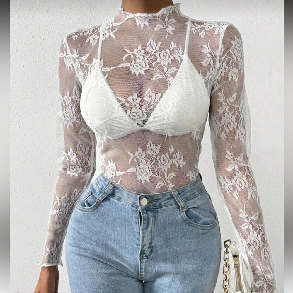 Completely Sheer floral lace long sleeve tee black lettuce trim edge mockneck - Picture 6 of 8